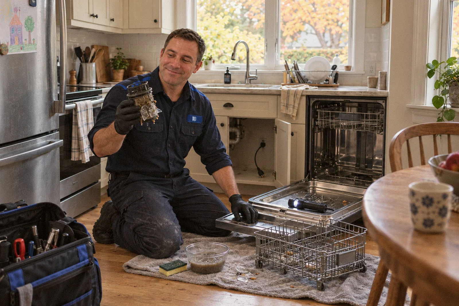 Fixentra technician holding up the clogged filter from a pulled-out dishwasher