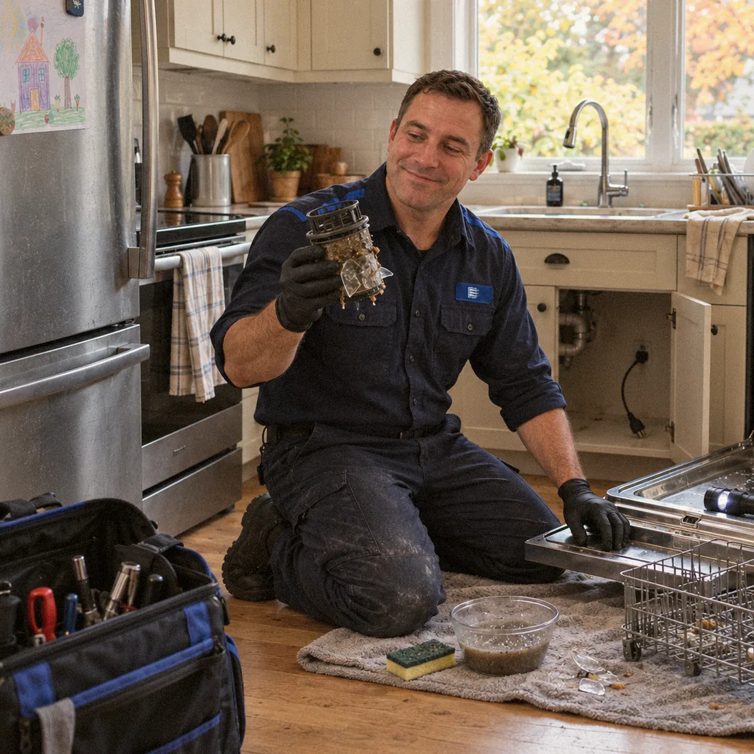 Technician holding up a clogged dishwasher filter