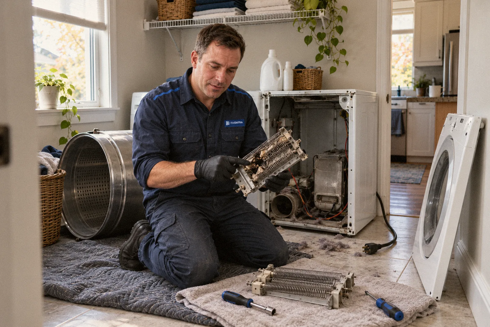Fixentra technician holding a burnt-out heating element next to an opened electric dryer