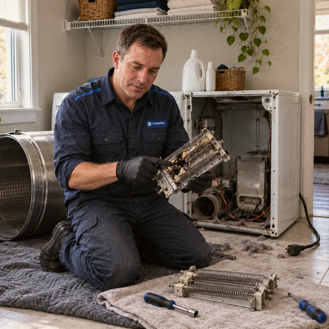 Technician holding a burnt-out dryer heating element