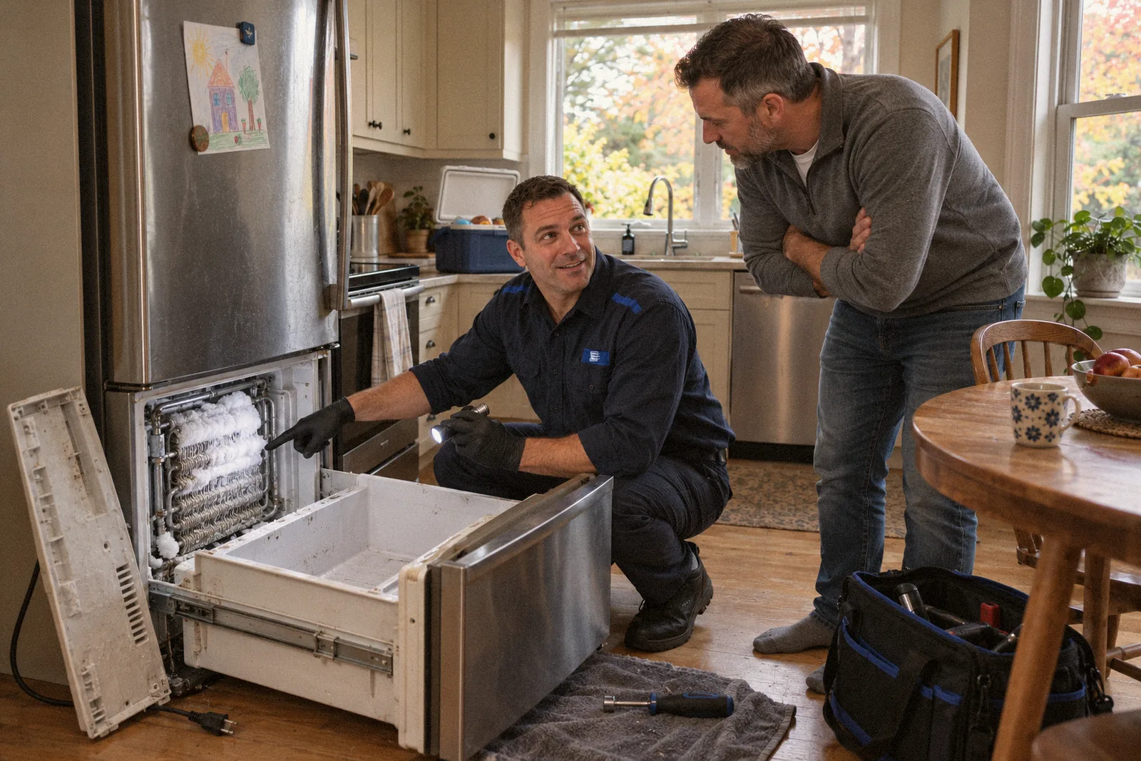 Fixentra technician showing a homeowner the frosted-over evaporator coil inside his refrigerator