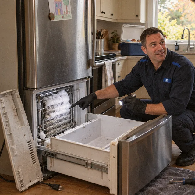 Technician pointing at the frosted evaporator coil of a fridge