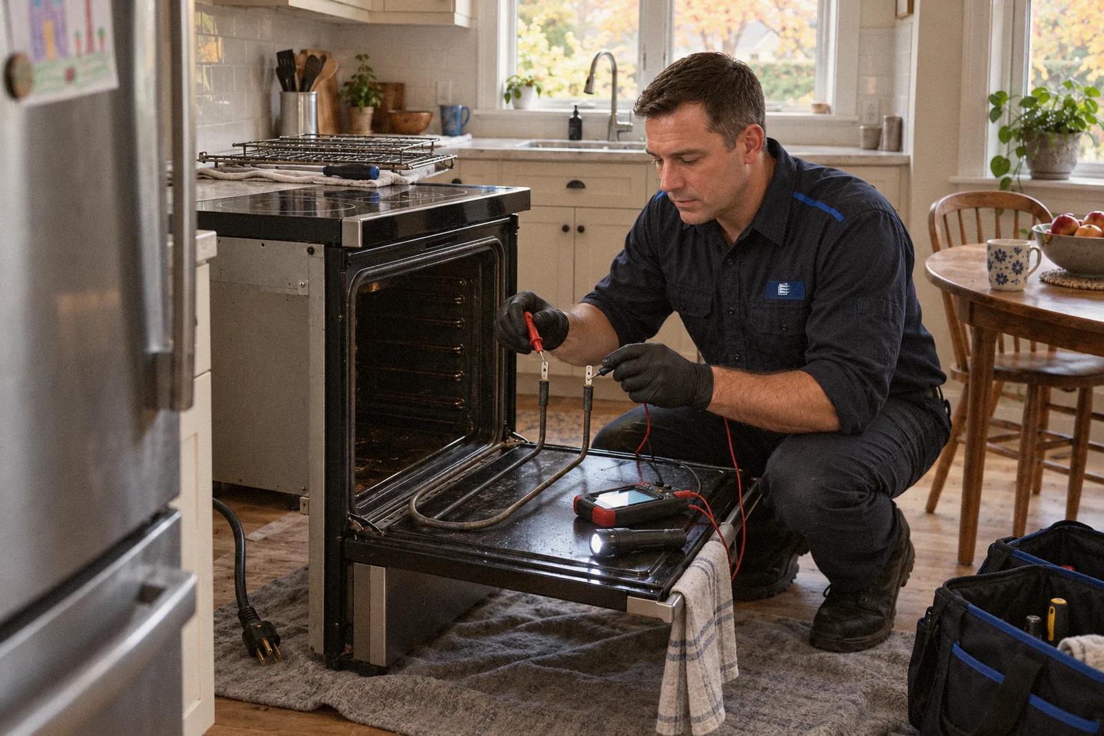 Fixentra technician testing an oven bake element with a multimeter in a customer's kitchen
