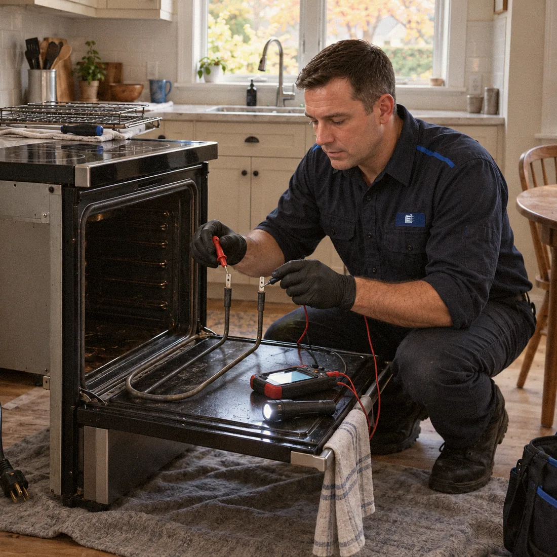 Technician testing an oven bake element with a multimeter