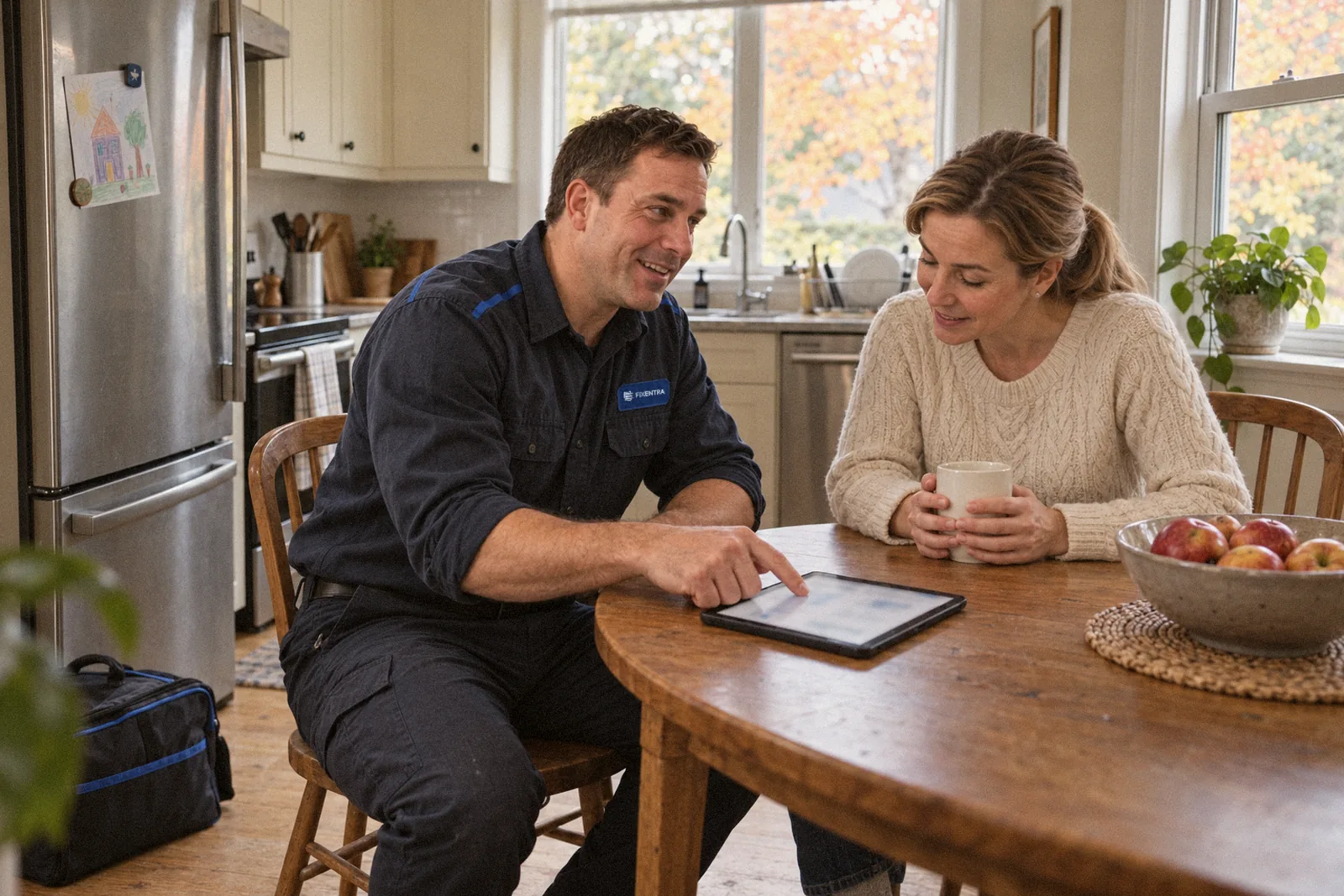 Technician and homeowner going over the quote on a tablet at the kitchen table