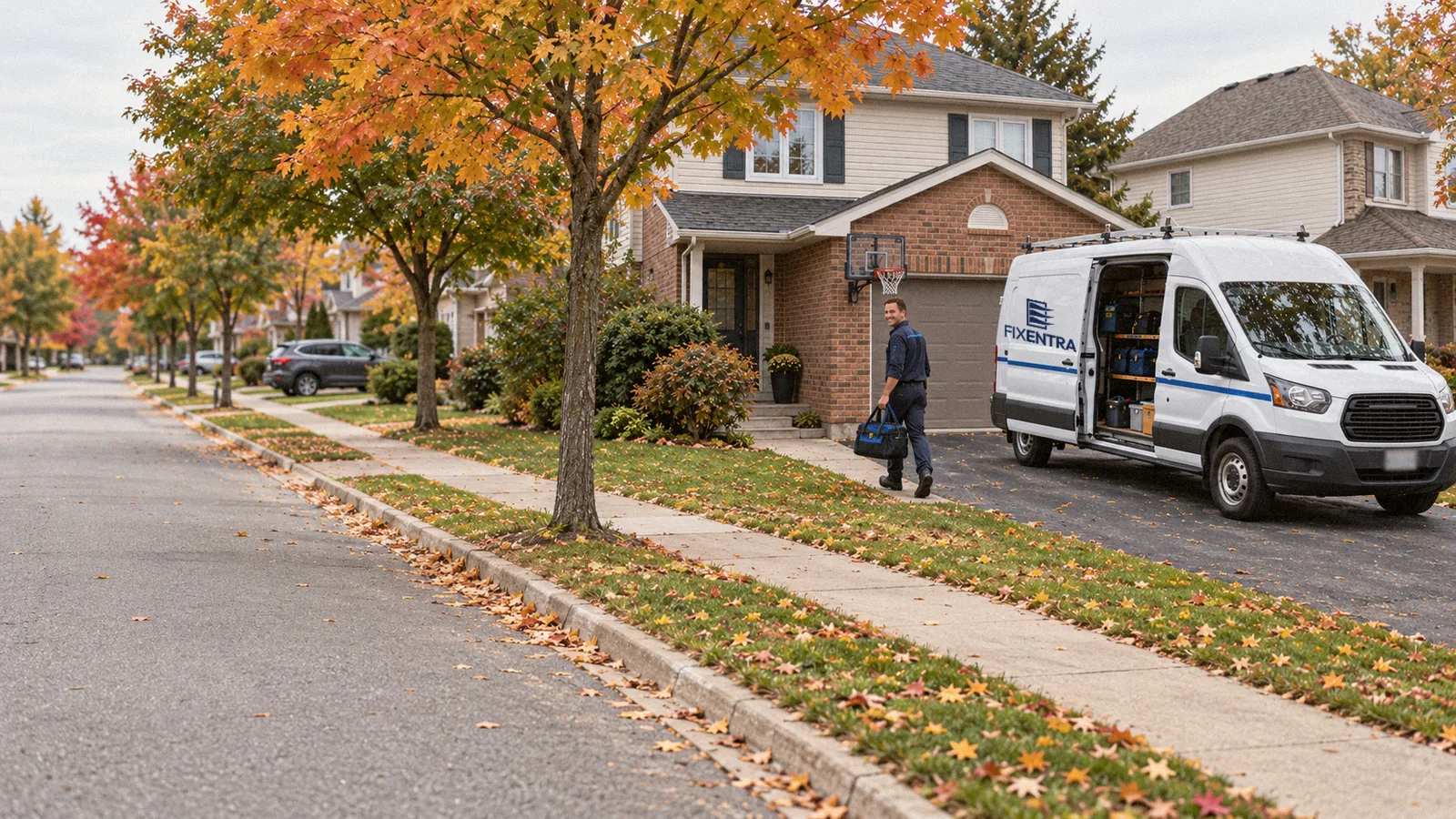 Fixentra van parked in a Newmarket driveway as the technician walks up to the front door with his tool bag