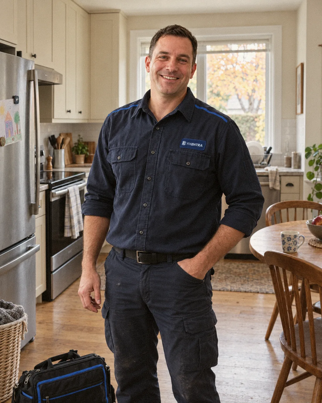 Fixentra technician in his navy uniform, smiling in a customer's kitchen with his tool bag at his feet