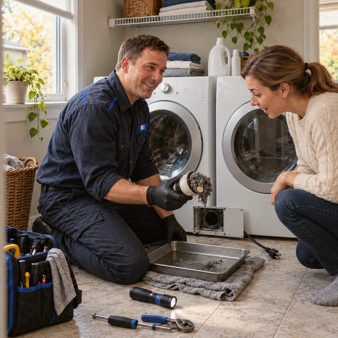 Technician holding up a clogged washer drain filter